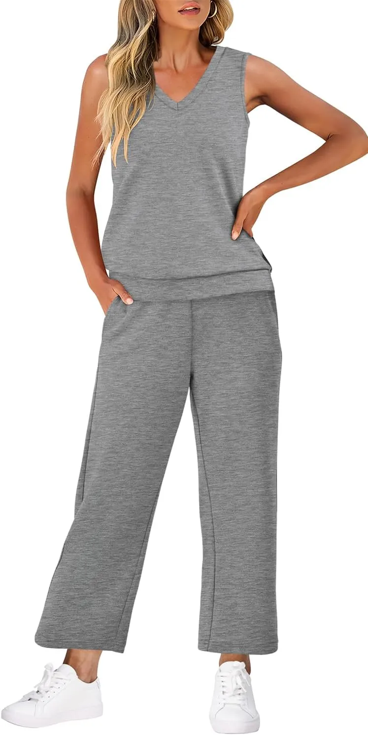 WIHOLL Two Piece Set for Women Summer Outfits Vacation Trendy Lounge Sets V Neck Matching Sets
