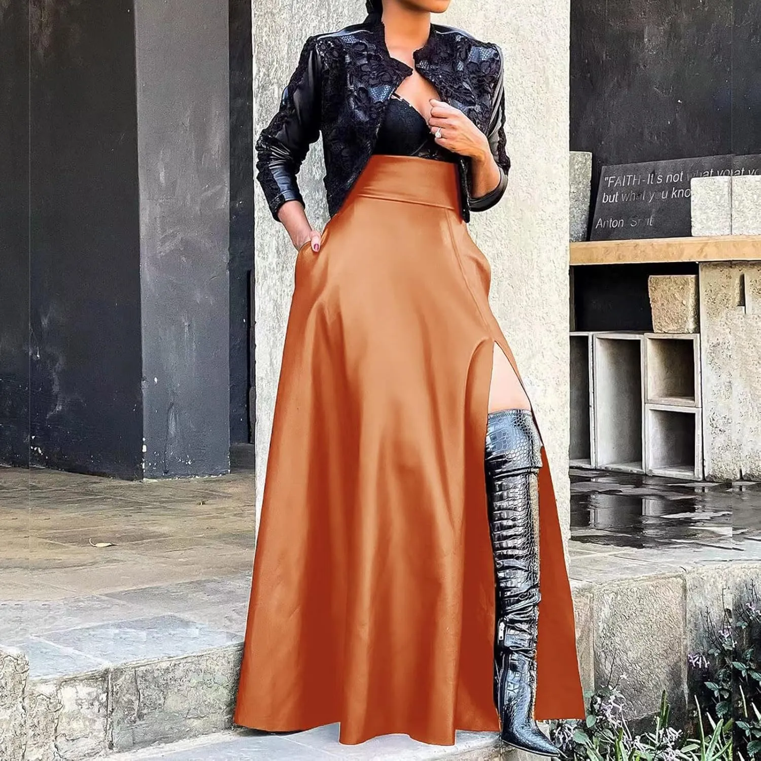Woman Sexy PU Leather High Split Skirt High Waist Streetwear Long Maxi Skirts Solid Color A-Line Skirt