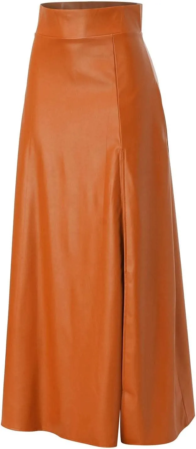 Woman Sexy PU Leather High Split Skirt High Waist Streetwear Long Maxi Skirts Solid Color A-Line Skirt