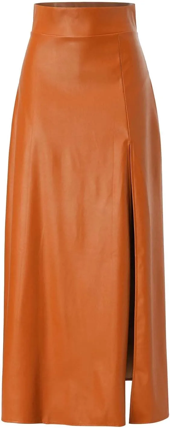 Woman Sexy PU Leather High Split Skirt High Waist Streetwear Long Maxi Skirts Solid Color A-Line Skirt