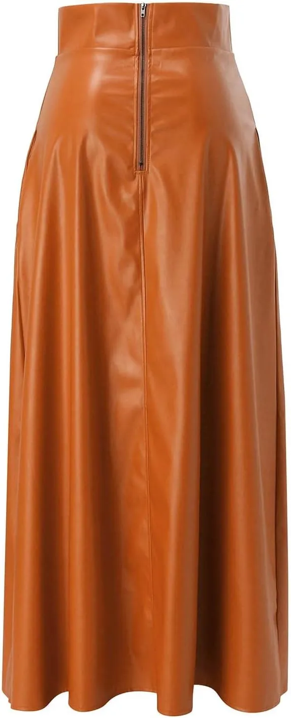 Woman Sexy PU Leather High Split Skirt High Waist Streetwear Long Maxi Skirts Solid Color A-Line Skirt