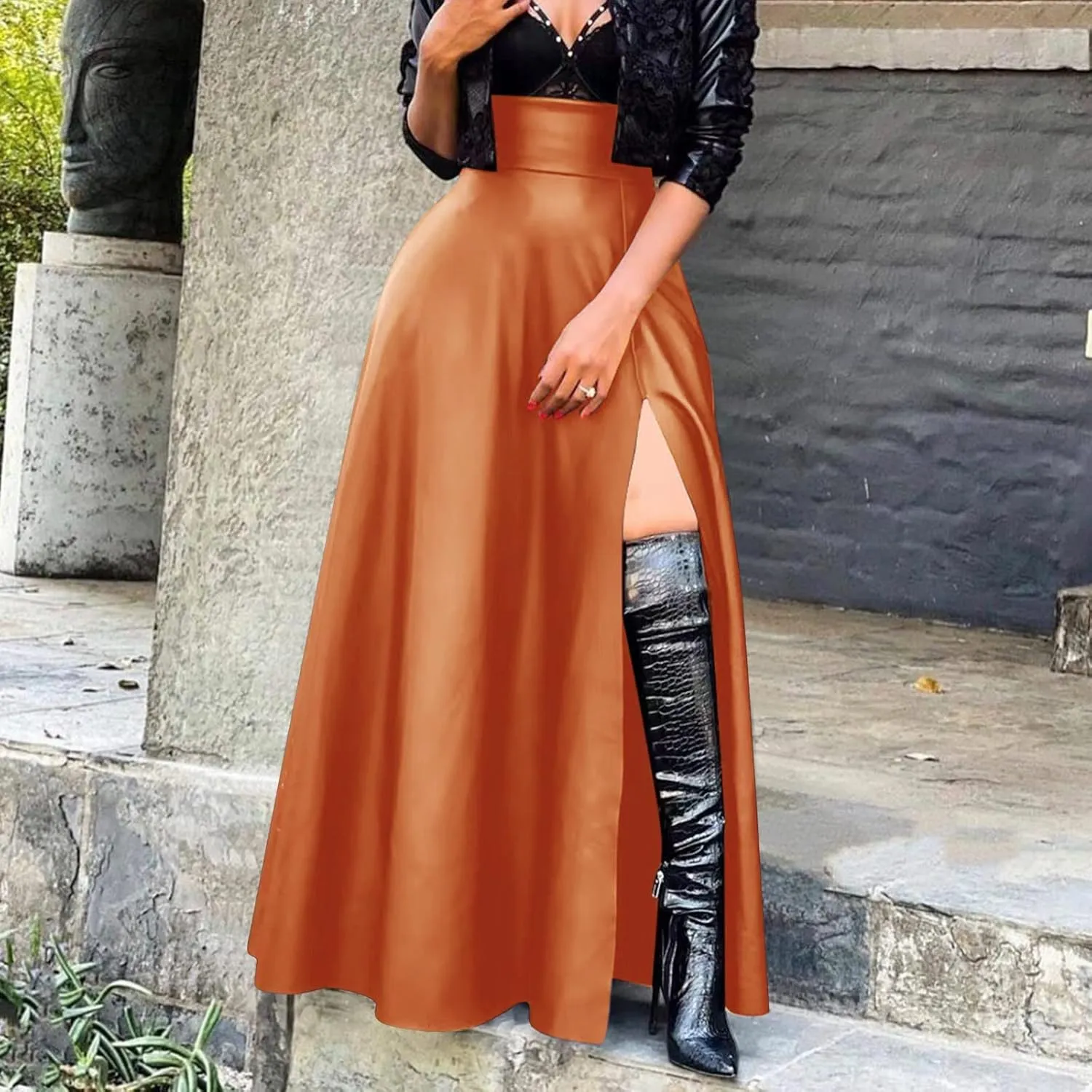 Woman Sexy PU Leather High Split Skirt High Waist Streetwear Long Maxi Skirts Solid Color A-Line Skirt