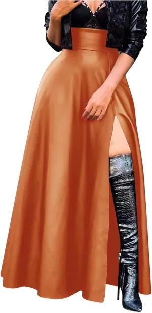 Woman Sexy PU Leather High Split Skirt High Waist Streetwear Long Maxi Skirts Solid Color A-Line Skirt