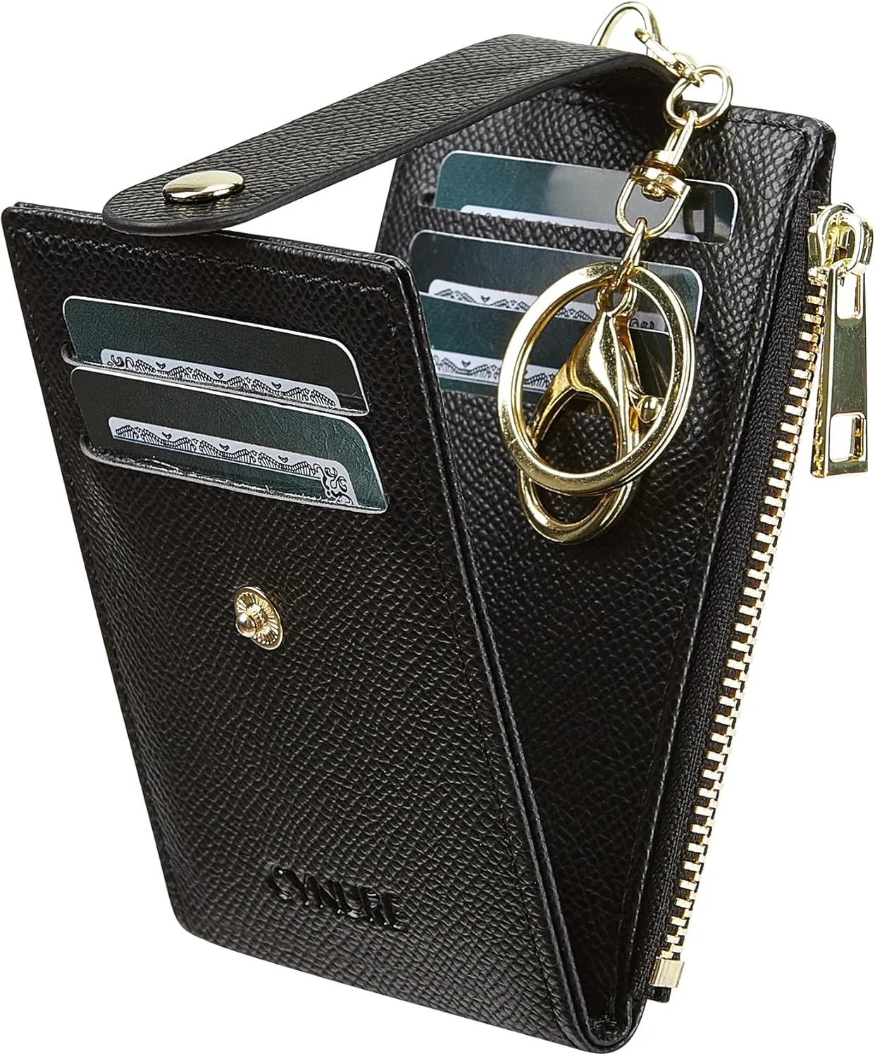 Women & Men Leather RFID Blocking Card Holder Slim Small Zipper Keychain Front Pocket Wallet with 2 ID Window,