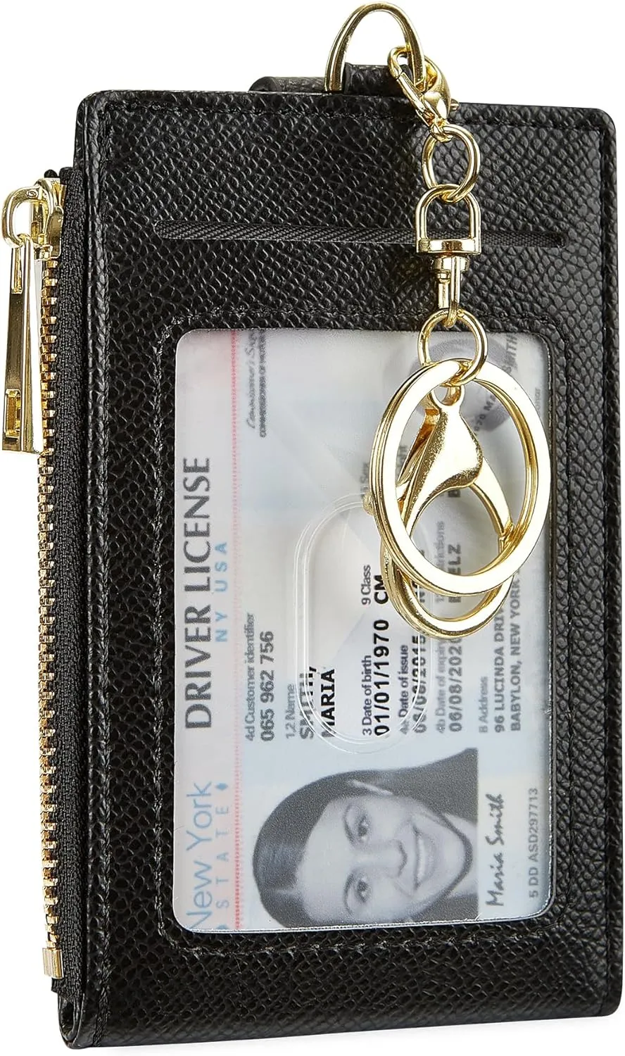 Women & Men Leather RFID Blocking Card Holder Slim Small Zipper Keychain Front Pocket Wallet with 2 ID Window,