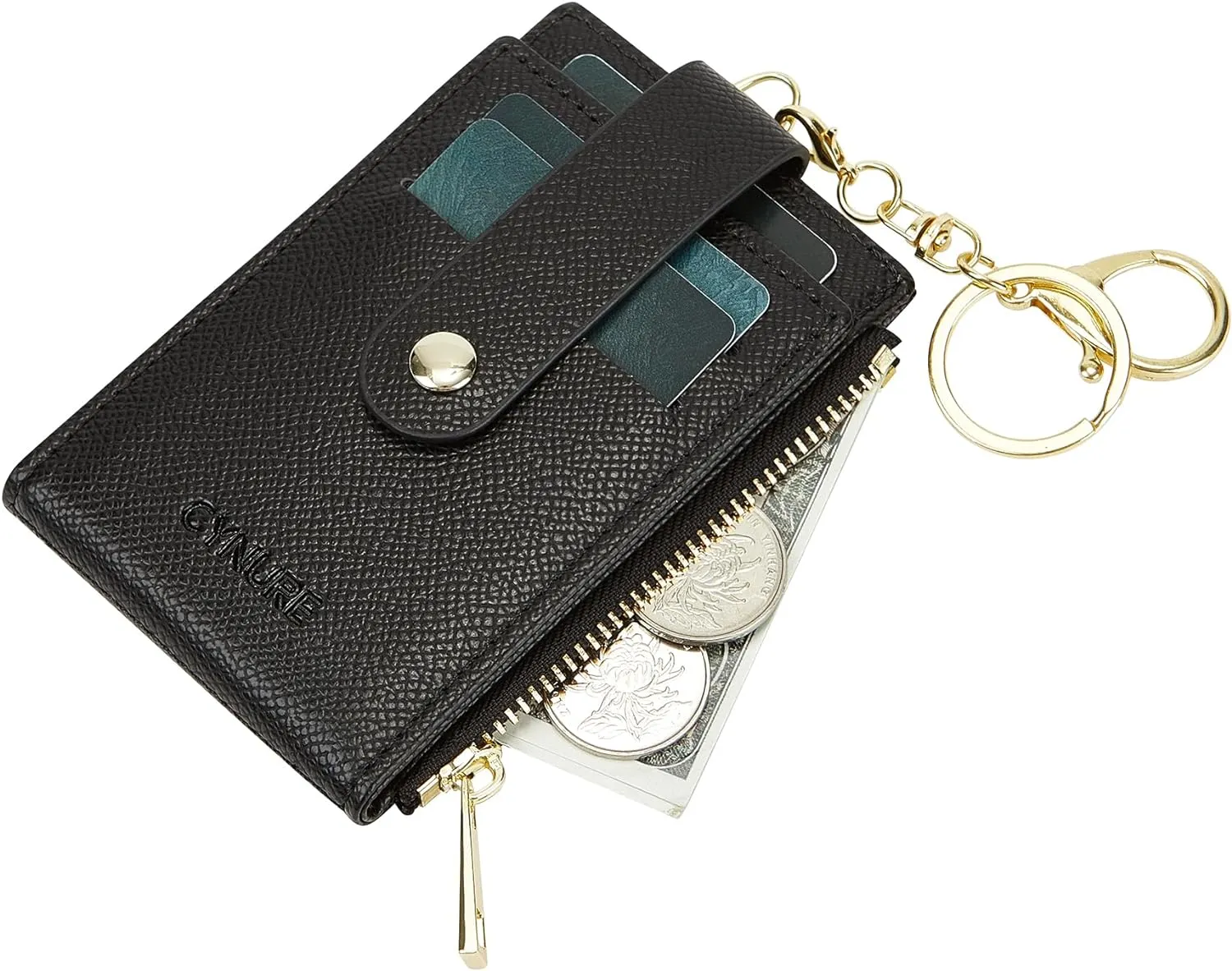 Women & Men Leather RFID Blocking Card Holder Slim Small Zipper Keychain Front Pocket Wallet with 2 ID Window,