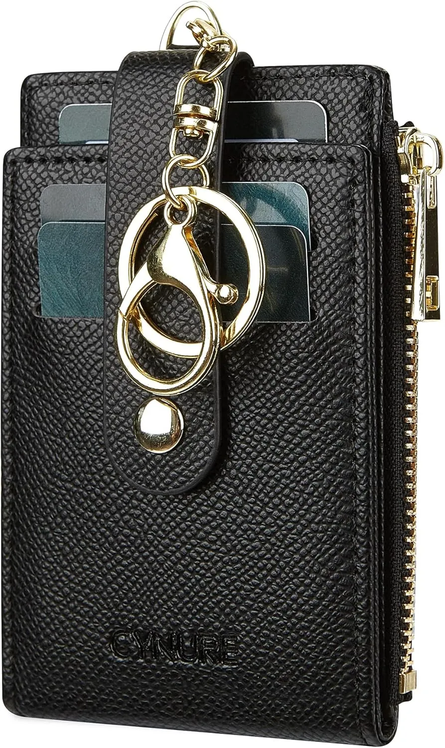 Women & Men Leather RFID Blocking Card Holder Slim Small Zipper Keychain Front Pocket Wallet with 2 ID Window,