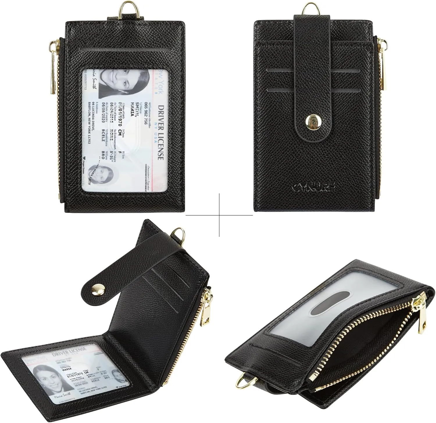 Women & Men Leather RFID Blocking Card Holder Slim Small Zipper Keychain Front Pocket Wallet with 2 ID Window,