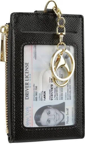 Women & Men Leather RFID Blocking Card Holder Slim Small Zipper Keychain Front Pocket Wallet with 2 ID Window,