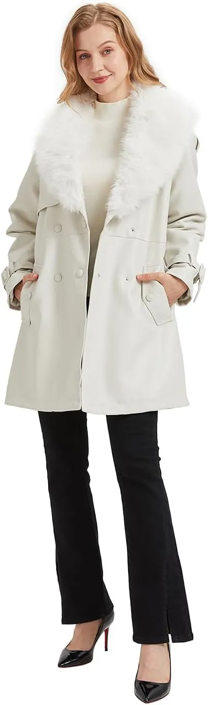 Women Faux Leather Trench Long Coat wiht Fur Collar,Mid Length Double-Breasted Overcoat Jacket Fur Lined