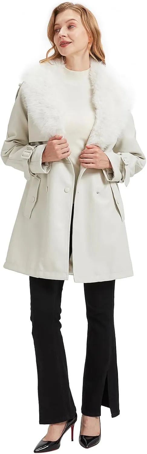 Women Faux Leather Trench Long Coat wiht Fur Collar,Mid Length Double-Breasted Overcoat Jacket Fur Lined