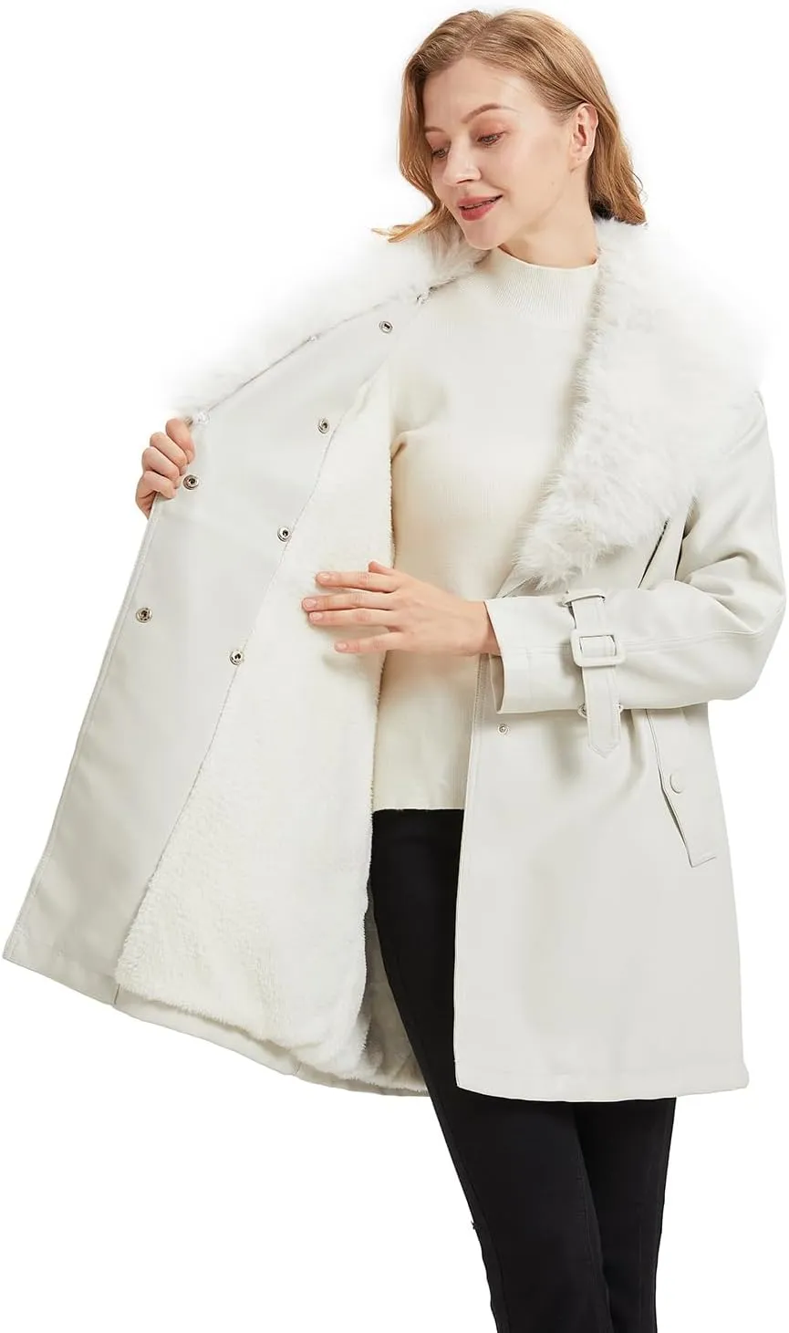 Women Faux Leather Trench Long Coat wiht Fur Collar,Mid Length Double-Breasted Overcoat Jacket Fur Lined