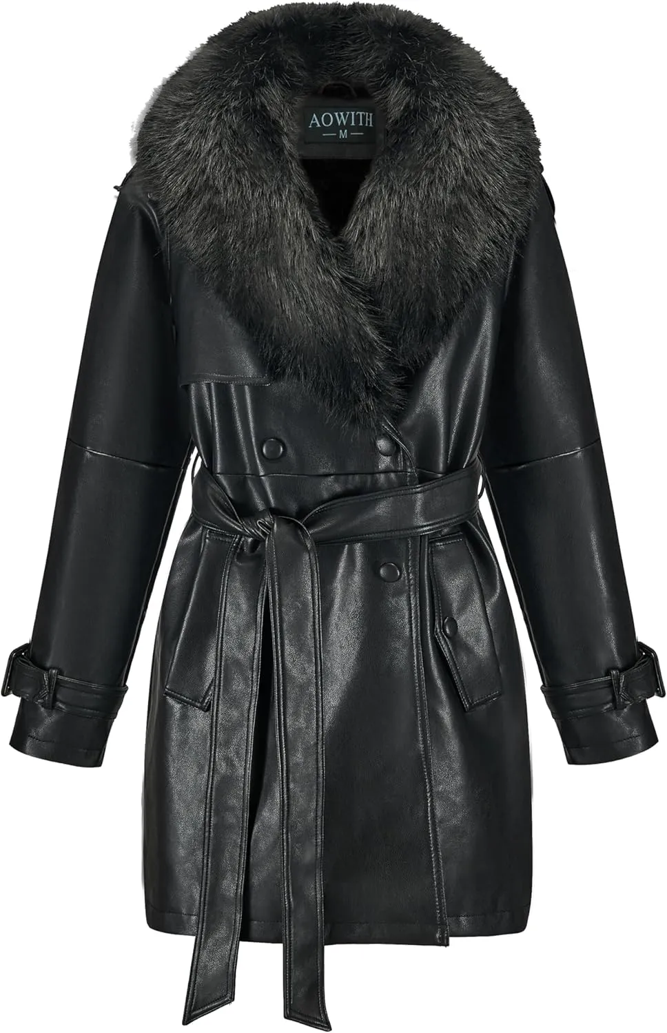 Women Faux Leather Trench Long Coat wiht Fur Collar,Mid Length Double-Breasted Overcoat Jacket Fur Lined
