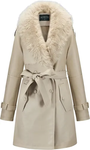 Women Faux Leather Trench Long Coat wiht Fur Collar,Mid Length Double-Breasted Overcoat Jacket Fur Lined