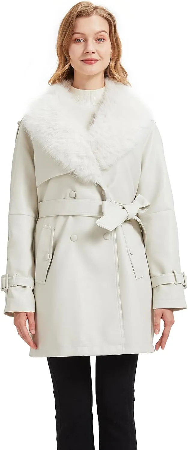 Women Faux Leather Trench Long Coat wiht Fur Collar,Mid Length Double-Breasted Overcoat Jacket Fur Lined