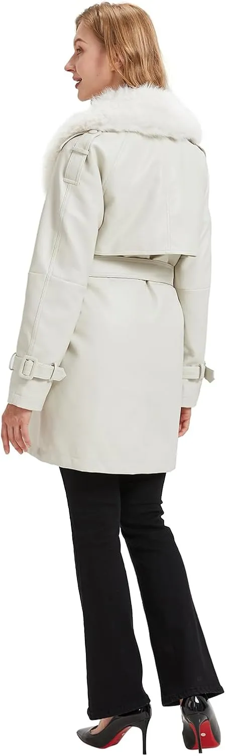 Women Faux Leather Trench Long Coat wiht Fur Collar,Mid Length Double-Breasted Overcoat Jacket Fur Lined
