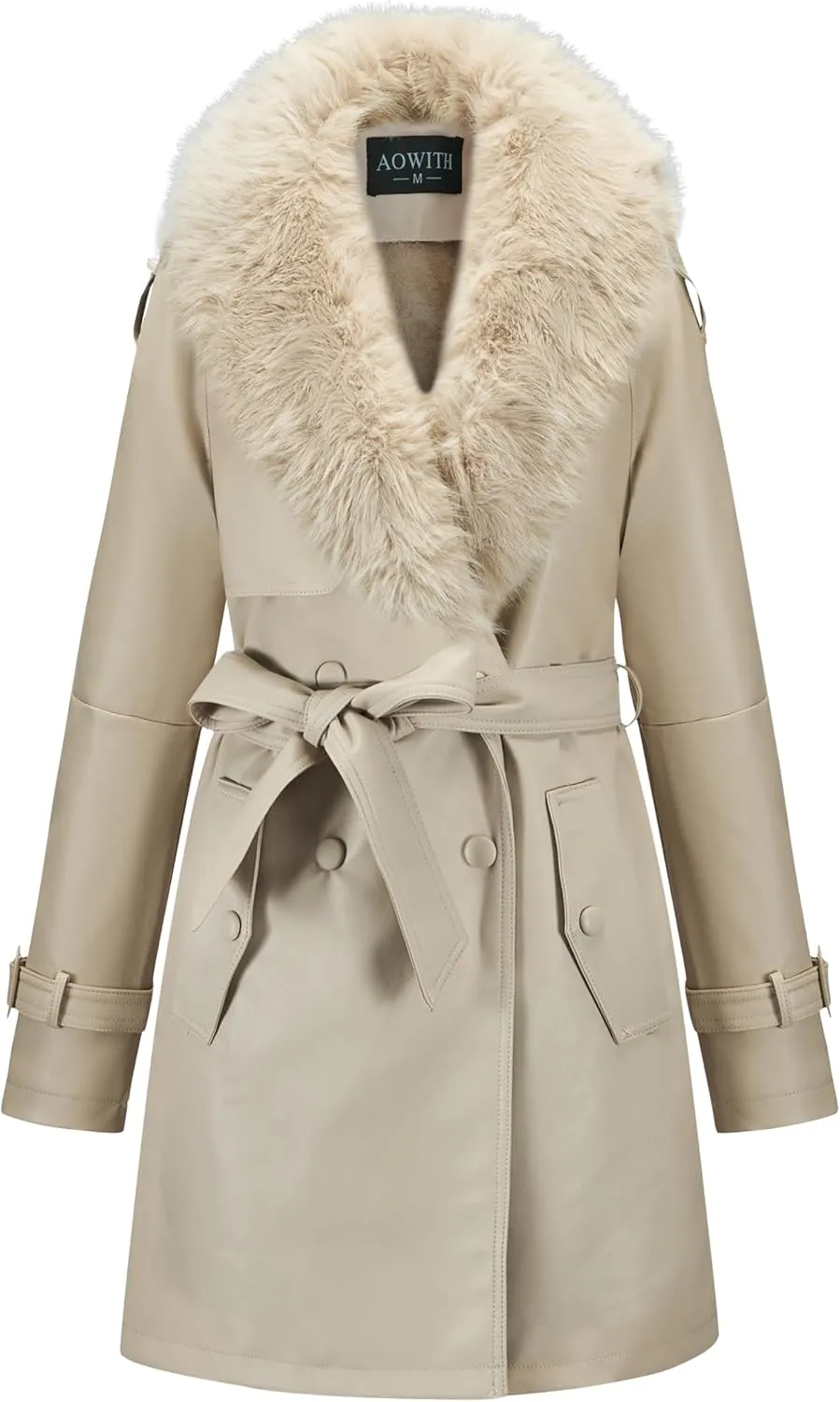 Women Faux Leather Trench Long Coat wiht Fur Collar,Mid Length Double-Breasted Overcoat Jacket Fur Lined