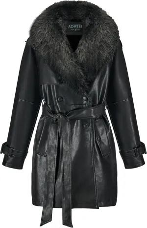 Women Faux Leather Trench Long Coat wiht Fur Collar,Mid Length Double-Breasted Overcoat Jacket Fur Lined