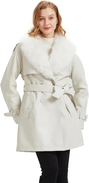 Women Faux Leather Trench Long Coat wiht Fur Collar,Mid Length Double-Breasted Overcoat Jacket Fur Lined