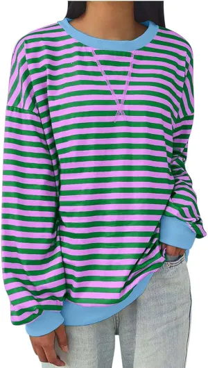 Women Oversized Striped Sweatshirt Color Block Long Sleeve Crew Neck Casual Loose Pullover Fashion 2024 Y2K Shirt Top