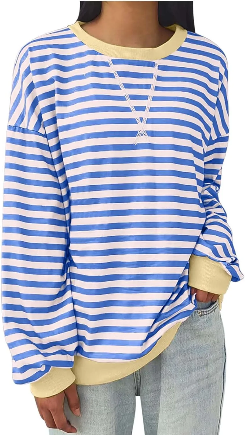 Women Oversized Striped Sweatshirt Color Block Long Sleeve Crew Neck Casual Loose Pullover Fashion 2024 Y2K Shirt Top