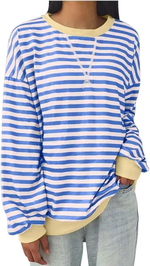 Women Oversized Striped Sweatshirt Color Block Long Sleeve Crew Neck Casual Loose Pullover Fashion 2024 Y2K Shirt Top