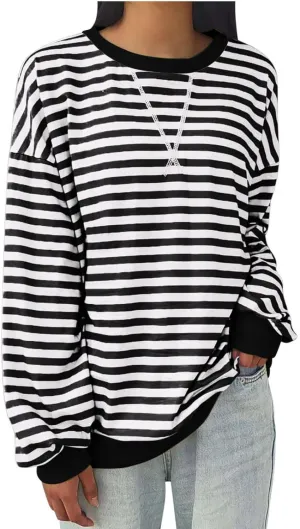 Women Oversized Striped Sweatshirt Color Block Long Sleeve Crew Neck Casual Loose Pullover Fashion 2024 Y2K Shirt Top
