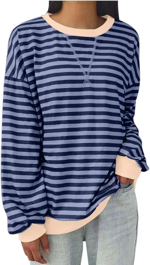 Women Oversized Striped Sweatshirt Color Block Long Sleeve Crew Neck Casual Loose Pullover Fashion 2024 Y2K Shirt Top