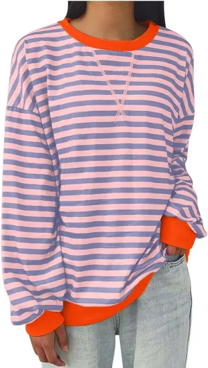 Women Oversized Striped Sweatshirt Color Block Long Sleeve Crew Neck Casual Loose Pullover Fashion 2024 Y2K Shirt Top