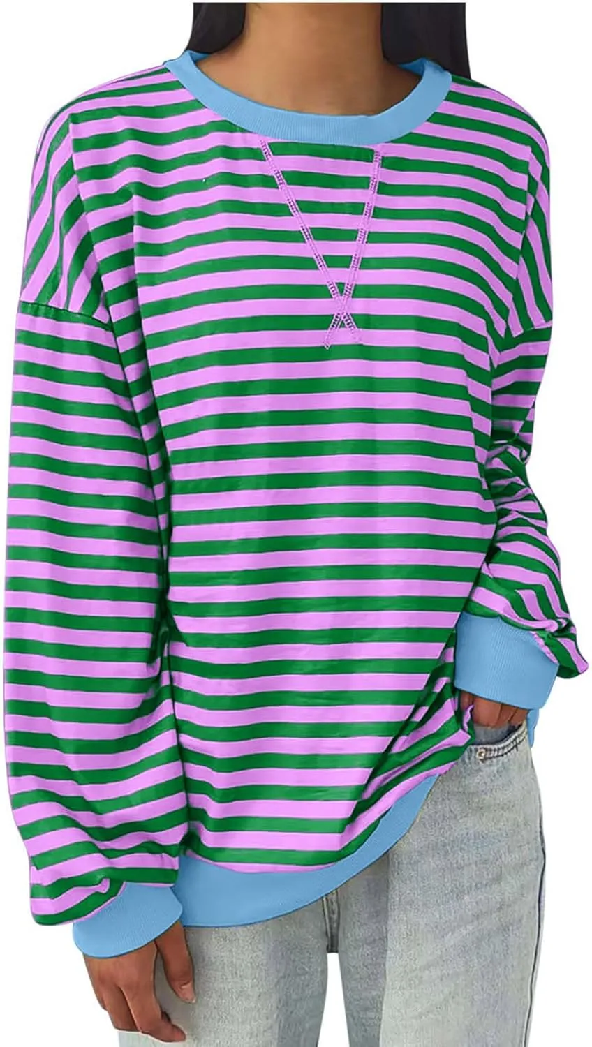 Women Oversized Striped Sweatshirt Color Block Long Sleeve Crew Neck Casual Loose Pullover Fashion 2024 Y2K Shirt Top