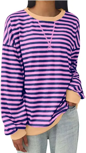 Women Oversized Striped Sweatshirt Color Block Long Sleeve Crew Neck Casual Loose Pullover Fashion 2024 Y2K Shirt Top