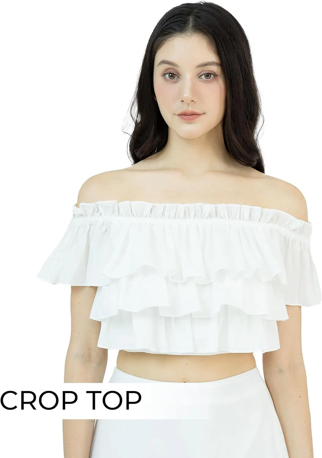 Womens 2025 Floral Skirt Set 2 Piece Off Shoulder Empire Waist Chiffon Ruffle Flowy Swing Casual Wear White