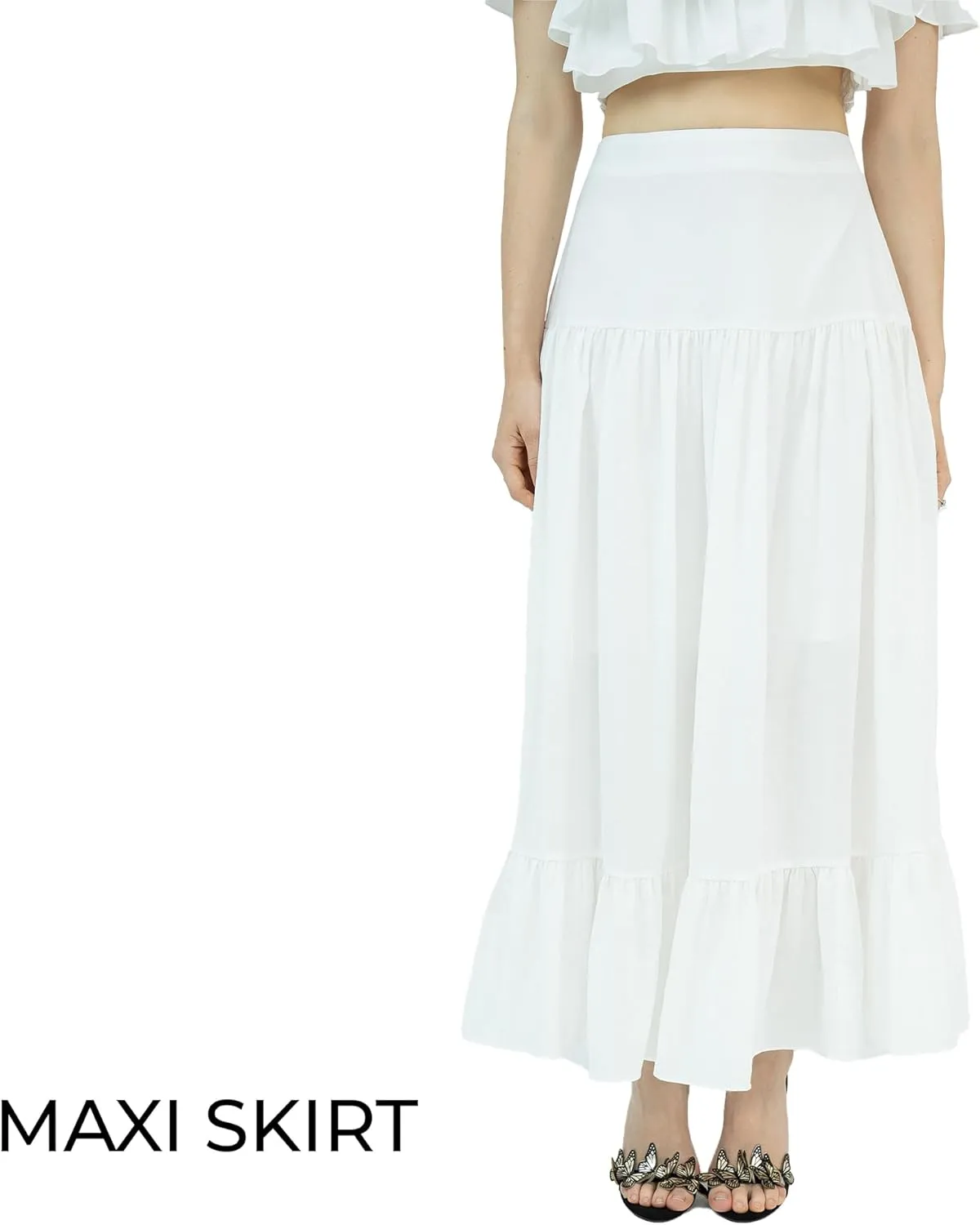 Womens 2025 Floral Skirt Set 2 Piece Off Shoulder Empire Waist Chiffon Ruffle Flowy Swing Casual Wear White