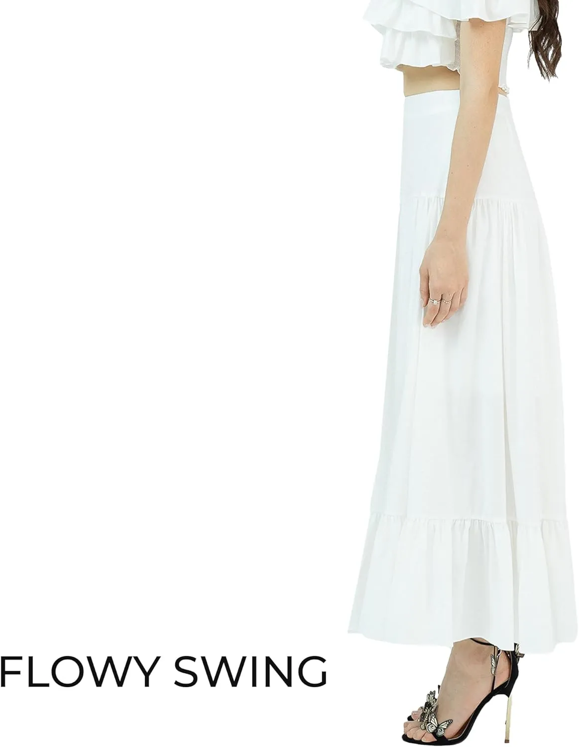 Womens 2025 Floral Skirt Set 2 Piece Off Shoulder Empire Waist Chiffon Ruffle Flowy Swing Casual Wear White
