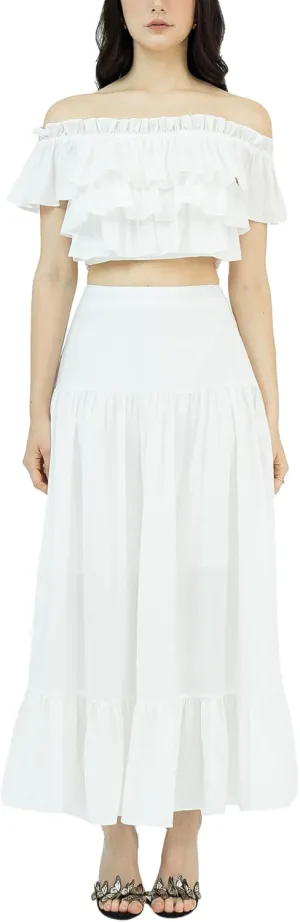 Womens 2025 Floral Skirt Set 2 Piece Off Shoulder Empire Waist Chiffon Ruffle Flowy Swing Casual Wear White