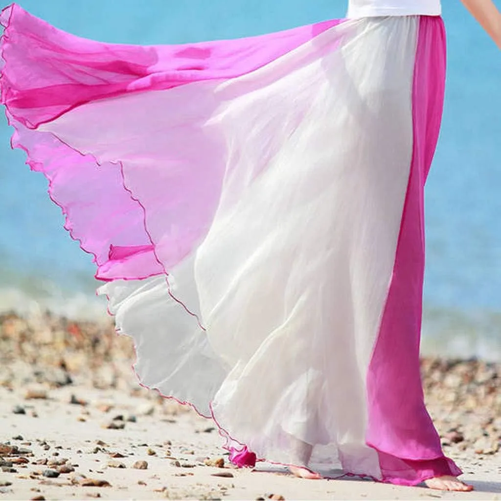 Women's Beach Maxi Skirts Elastic Waist Flowy Long Skirts Casual Lightweight Boho Chiffon Pleated A-Line Swing Skirts