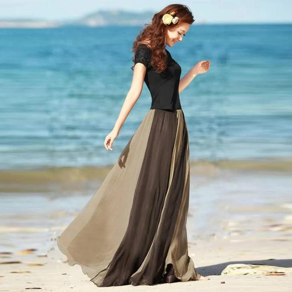 Women's Beach Maxi Skirts Elastic Waist Flowy Long Skirts Casual Lightweight Boho Chiffon Pleated A-Line Swing Skirts