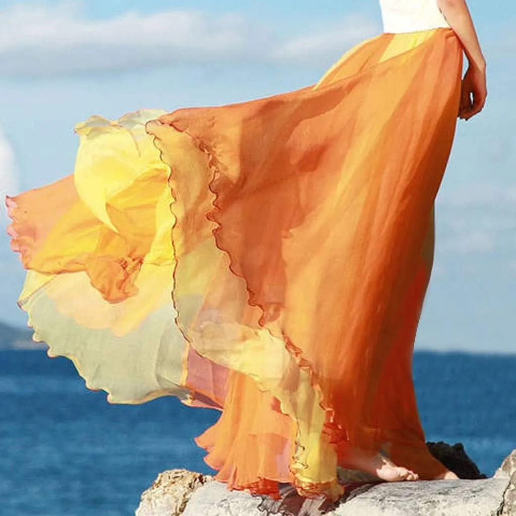 Women's Beach Maxi Skirts Elastic Waist Flowy Long Skirts Casual Lightweight Boho Chiffon Pleated A-Line Swing Skirts