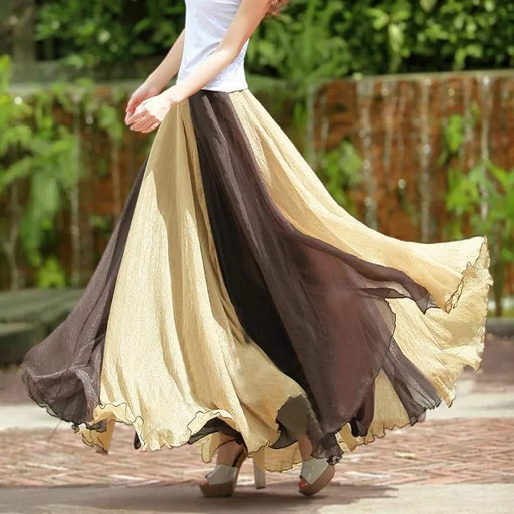 Women's Beach Maxi Skirts Elastic Waist Flowy Long Skirts Casual Lightweight Boho Chiffon Pleated A-Line Swing Skirts