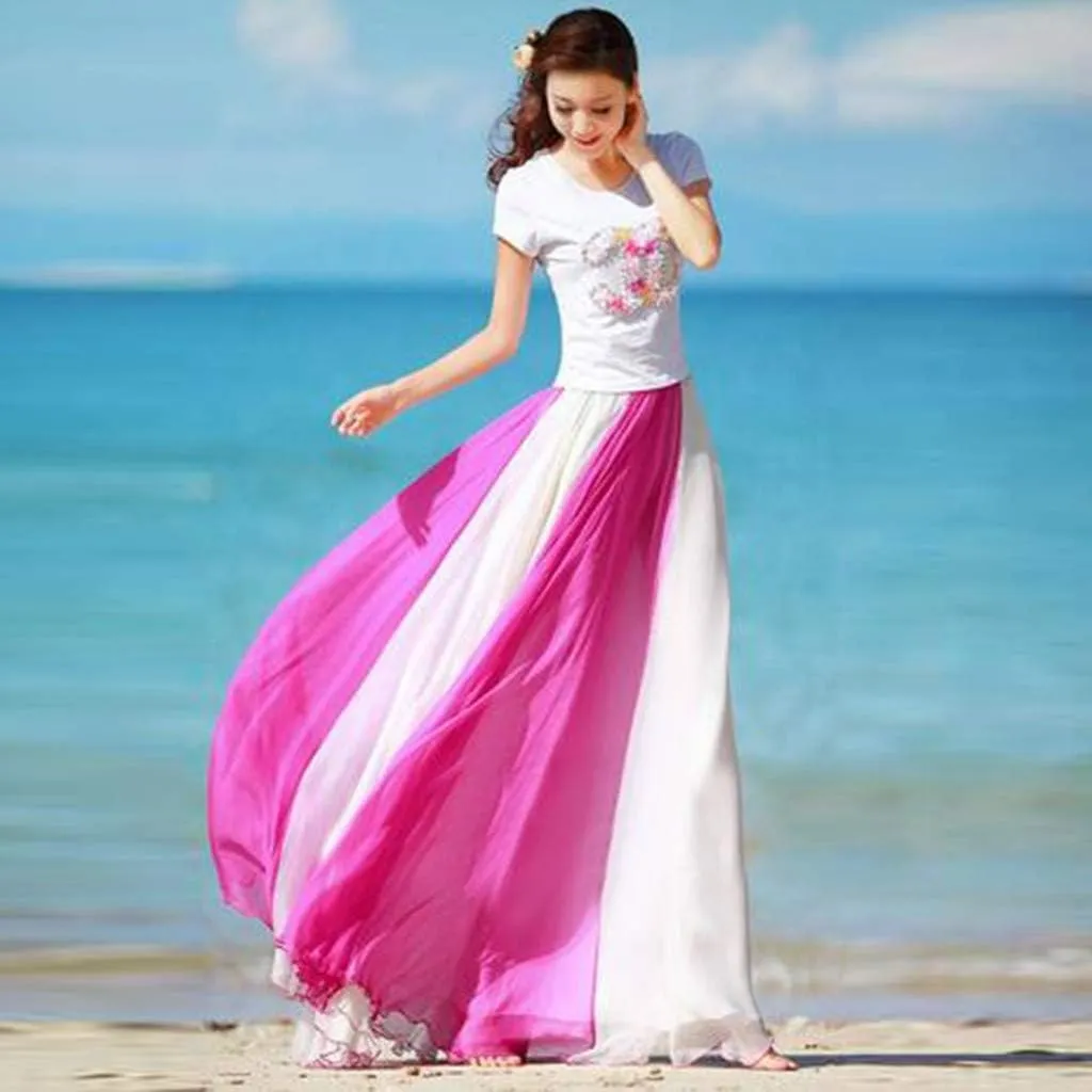 Women's Beach Maxi Skirts Elastic Waist Flowy Long Skirts Casual Lightweight Boho Chiffon Pleated A-Line Swing Skirts