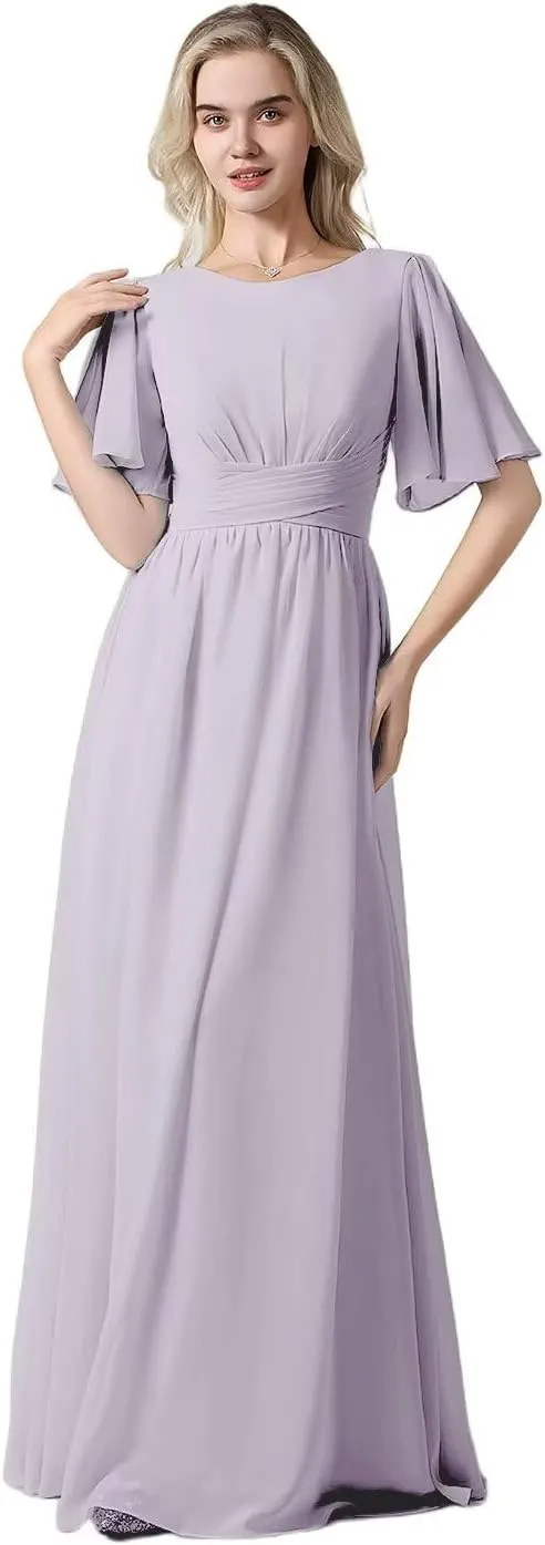 Women's Chiffon Flutter Sleeve Bridesmaid Dresses Long Scoop Neck Formal Evening Dress Wedding Guest Dress