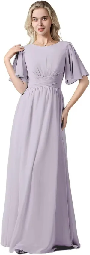 Women's Chiffon Flutter Sleeve Bridesmaid Dresses Long Scoop Neck Formal Evening Dress Wedding Guest Dress