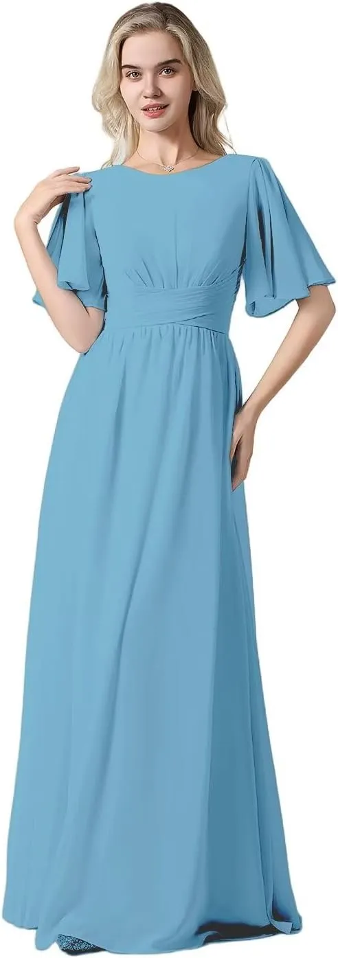 Women's Chiffon Flutter Sleeve Bridesmaid Dresses Long Scoop Neck Formal Evening Dress Wedding Guest Dress