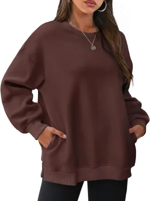 Womens Crew Neck Oversized Sweatshirt with Pockets Long Sleeve Pullover Cotton Hoodies Casual Tops Winter 2025
