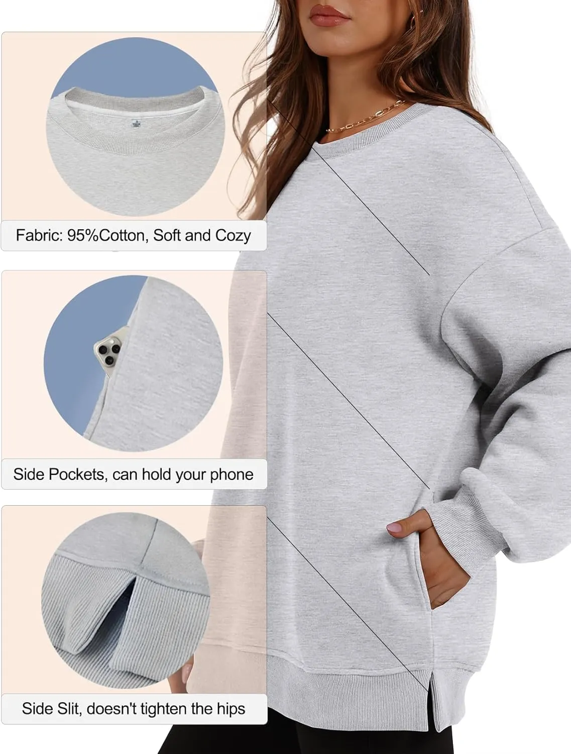Womens Crew Neck Oversized Sweatshirt with Pockets Long Sleeve Pullover Cotton Hoodies Casual Tops Winter 2025