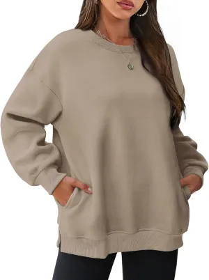 Womens Crew Neck Oversized Sweatshirt with Pockets Long Sleeve Pullover Cotton Hoodies Casual Tops Winter 2025