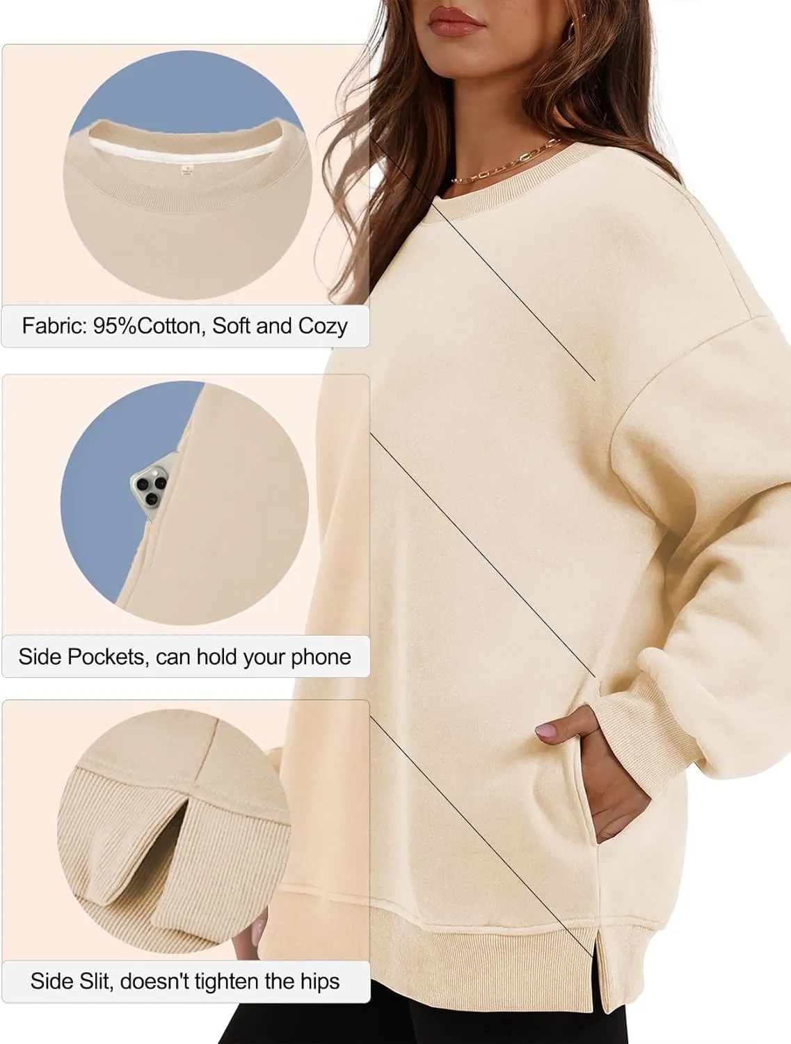 Womens Crew Neck Oversized Sweatshirt with Pockets Long Sleeve Pullover Cotton Hoodies Casual Tops Winter 2025