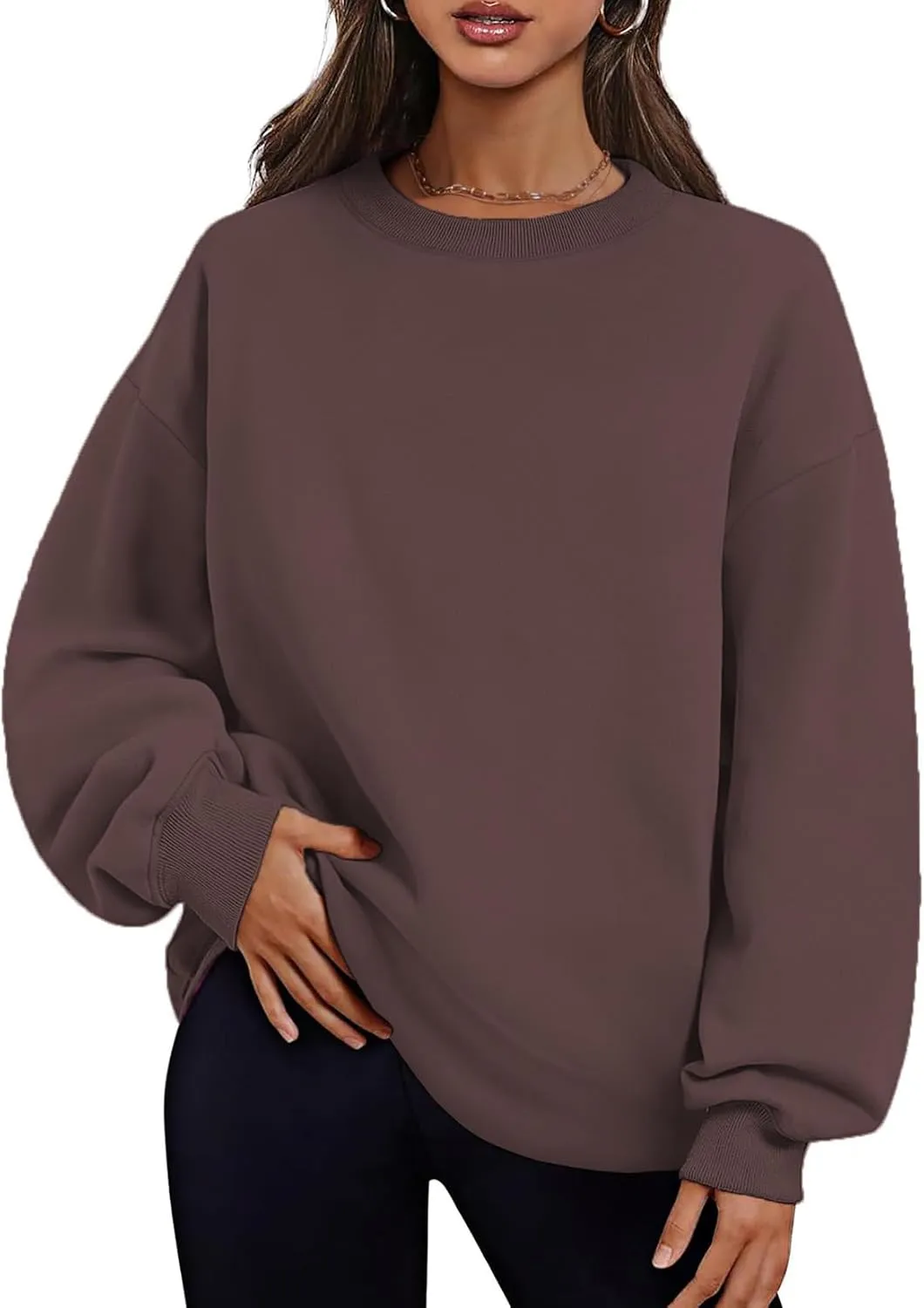 Womens Crew Neck Oversized Sweatshirt with Pockets Long Sleeve Pullover Cotton Hoodies Casual Tops Winter 2025