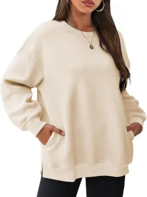 Womens Crew Neck Oversized Sweatshirt with Pockets Long Sleeve Pullover Cotton Hoodies Casual Tops Winter 2025