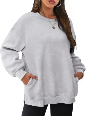 Womens Crew Neck Oversized Sweatshirt with Pockets Long Sleeve Pullover Cotton Hoodies Casual Tops Winter 2025
